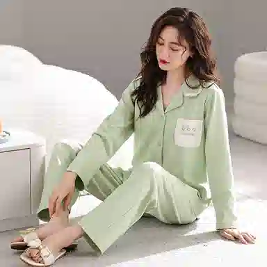 歌倩雅 简约休闲花卉口袋翻领开衫长袖长裤可外穿睡衣套装 女款 绿色