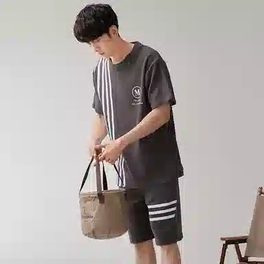 歌倩雅 圆领条纹简约短袖上衣松紧腰短裤睡衣套装 男款 深灰