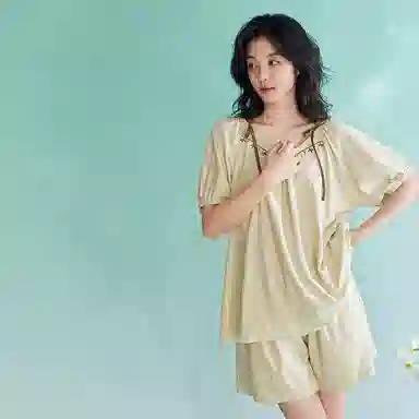 歌倩雅 短袖甜美可爱高级感可外穿短袖睡衣套装 女款 米白