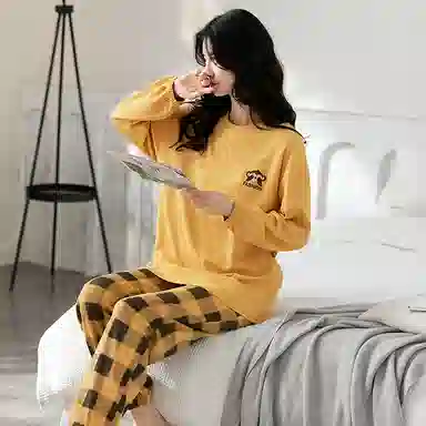 歌倩雅 可外穿韩版可爱休闲长袖长裤睡衣套装 女款 黄色
