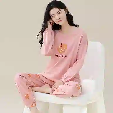 歌倩雅 食物图案字母印花圆领上衣厚款保暖长裤睡衣套装 女款 粉色