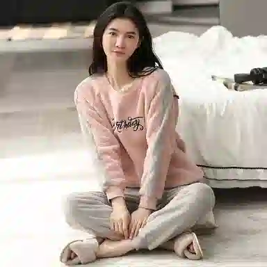 歌倩雅 运动风法兰绒加厚加绒保暖珊瑚绒长袖长裤可外穿睡衣套装 女款 灰粉色