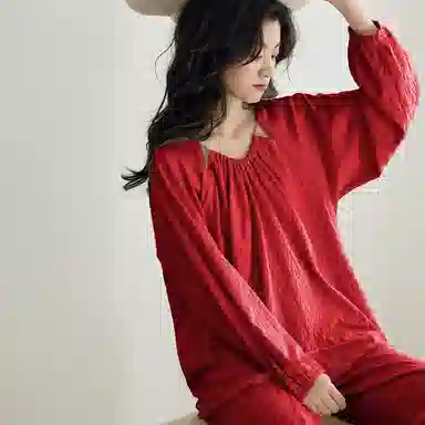 歌倩雅 休闲纯色圆领套头长袖上衣松紧腰长裤睡衣套装 女款 大红色