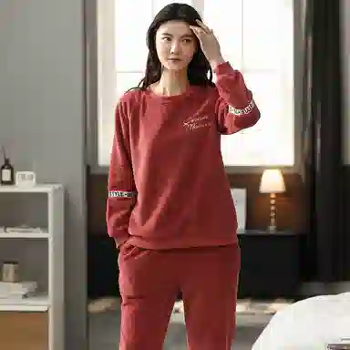 歌倩雅 圆领简约舒适长袖上衣松紧腰长裤睡衣套装 女款 砖红色