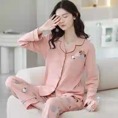 歌倩雅 卡通翻领长袖开衫长裤睡衣套装 女款 粉色