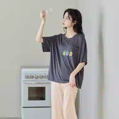 歌倩雅 凉感圆领套头短袖格子薄款长裤可外穿家居服睡衣套装 女款 深灰