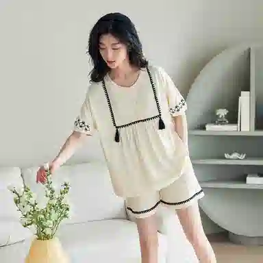 歌倩雅 套头舒适透气短袖睡衣套装 女款 乳白色