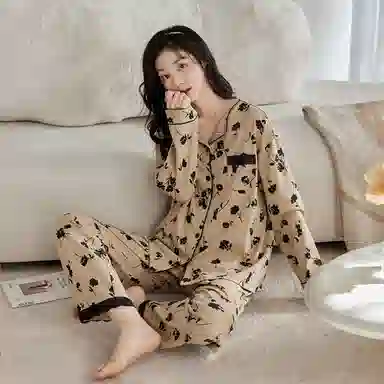 歌倩雅 简约可外穿长袖上衣松紧腰直筒长裤睡衣套装 女款 浅咖