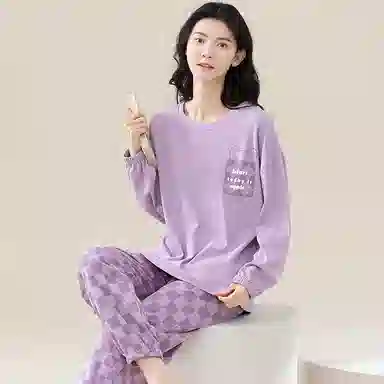 歌倩雅 简约纯色圆领长袖格子长裤可外出穿运动睡衣套装 女 紫色