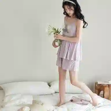 歌倩雅 亲肤凉感无袖上衣舒适透气短裤睡衣套装 女款 浅紫色