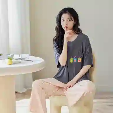 歌倩雅 凉感圆领套头短袖格子薄款长裤可外穿家居服睡衣套装 女款 深灰