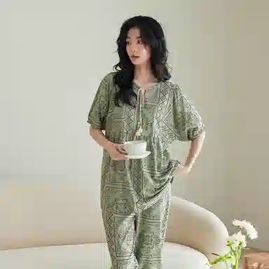 歌倩雅 薄款时尚民族风短袖长裤家居服夏季睡衣套装 女款 绿色