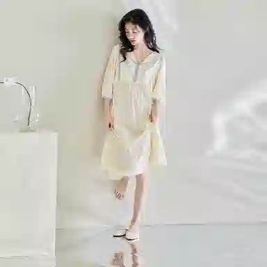 歌倩雅 简约亲肤舒适透气休闲可外穿五分袖睡裙 女款 杏色