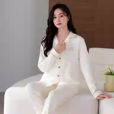 歌倩雅 高级感简约纯色翻领开衫长袖长裤舒适亲肤睡衣套装 女款 白色