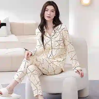 歌倩雅 简约亲肤舒适翻领开衫长袖洋气休闲可外穿长裤睡衣套装 女款 杏色