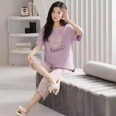 歌倩雅 亲肤舒适透气休闲短袖七分裤家居服睡衣套装 女款 紫色