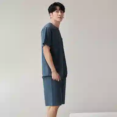 歌倩雅 圆领舒适短袖上衣松紧腰纯色短裤睡衣套装 男款 蓝色