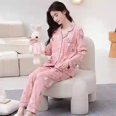 歌倩雅 翻领简约舒适爱心长袖上衣松紧腰长裤睡衣套装 女款 粉色