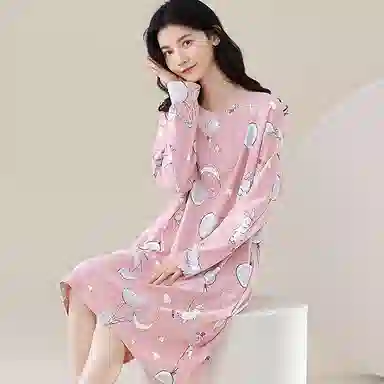 歌倩雅 纯棉长袖简约卡通可爱高级睡裙 女款 粉色