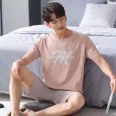 歌倩雅 字母印花圆领套头短袖上衣松紧腰五分裤可外穿舒适亲肤睡衣套装 男款 浅粉色