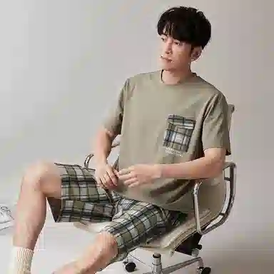 歌倩雅 圆领舒适短袖上衣亲肤柔软短裤睡衣套装 男款 抹茶色