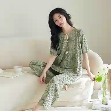歌倩雅 薄款时尚民族风短袖长裤家居服夏季睡衣套装 女款 绿色