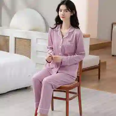 歌倩雅 简约亲肤舒适翻领开衫长袖高档休闲可外穿长裤睡衣套装 女款 紫色