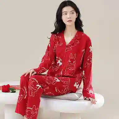 歌倩雅 舒适休闲卡通开衫长袖长裤睡衣套装 女款 红色