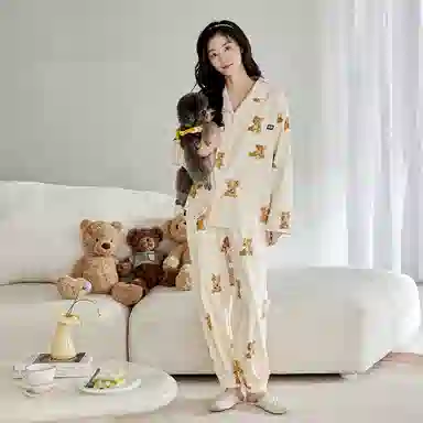 歌倩雅 卡通小熊满印长袖长裤可外穿睡衣套装 女款 杏色