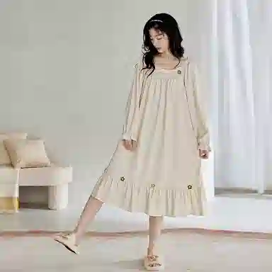 歌倩雅 清新甜美可外穿长袖睡裙 女款 浅杏