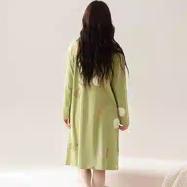 歌倩雅 纯棉长袖中长款睡裙 女款 绿色