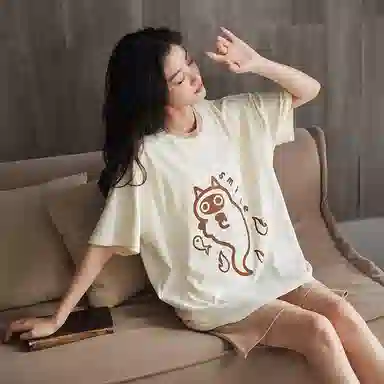 歌倩雅 短袖薄款可外穿圆领睡衣套装 女款 米白色