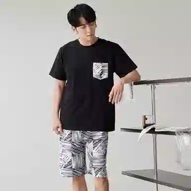 歌倩雅 圆领宽松上衣松紧腰短裤睡衣套装 男款 黑色