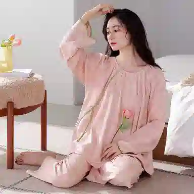 歌倩雅 简约国风长袖上衣大码休闲长裤家居服睡衣套装 女款 图片色