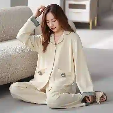 歌倩雅 纯棉长袖开衫立体小花睡衣套装 女款 杏色