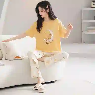 歌倩雅 舒适透气纯色休闲短袖长裤睡衣套装 女款 黄色