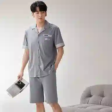 歌倩雅 开衫薄款字母宽松家居短袖短裤睡衣套装 男款 银灰