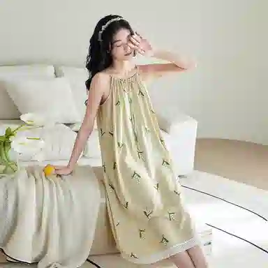 歌倩雅 薄款甜美可爱无袖吊带睡裙 女款 淡黄绿