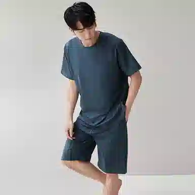 歌倩雅 圆领舒适短袖上衣松紧腰纯色短裤睡衣套装 男款 蓝色