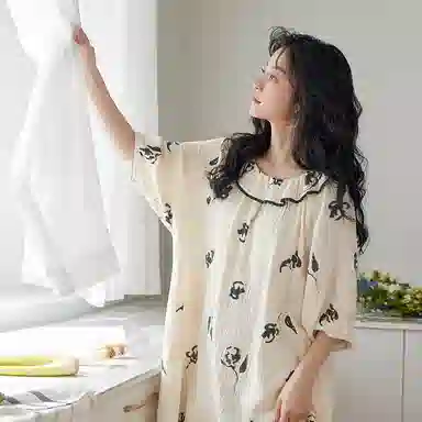 歌倩雅 凉感时尚印花长款圆领短袖睡裙 女款 米色