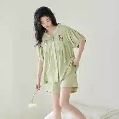 歌倩雅 简约亲肤舒适小清新短袖休闲可外穿短裤睡衣套装 女款 浅绿色