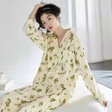 歌倩雅 翻领时尚休闲高级感长袖上衣长裤睡衣套装 女款 浅杏