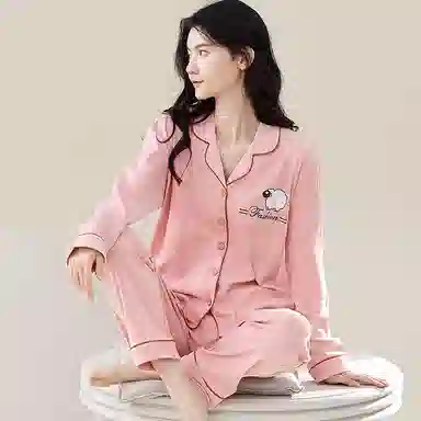 歌倩雅 开衫翻领纯色舒适长袖长裤睡衣套装 女款 粉色