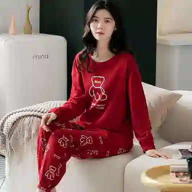 歌倩雅 可爱卡通长袖小熊学生睡衣套装 女款 红色