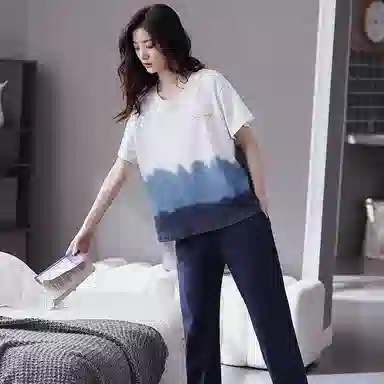 歌倩雅 拼色字母印花圆领上衣纯色透气宽松裤子睡衣套装 女款 白色