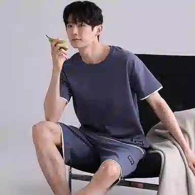 歌倩雅 圆领套头短袖大码五分裤睡衣套装 男款 藏青色