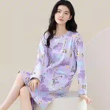 歌倩雅 长袖中长款套头卡通睡裙 女款 图片色