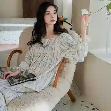 歌倩雅 简约休闲柔软长袖甜美可外穿长裤家居服睡衣套装 女款 图色