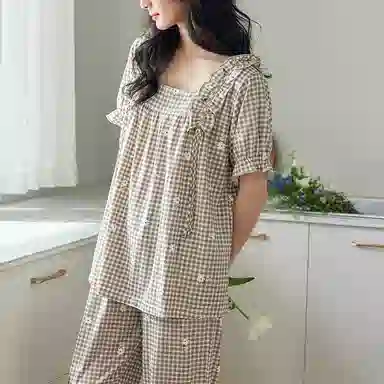 歌倩雅 格子方领花边短袖舒适透气长裤睡衣套装 女款 咖色