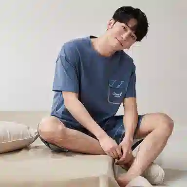 歌倩雅 纯色圆领短袖上衣格子松紧腰短裤睡衣套装 男款 蓝色
